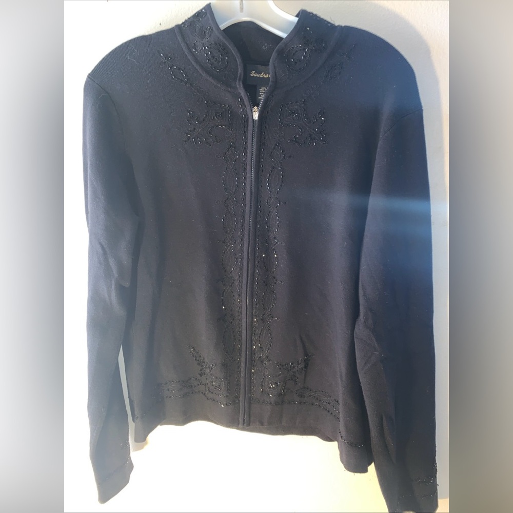 Sandra King Black Full Zip Beaded Cardigan Woman’s Size XL